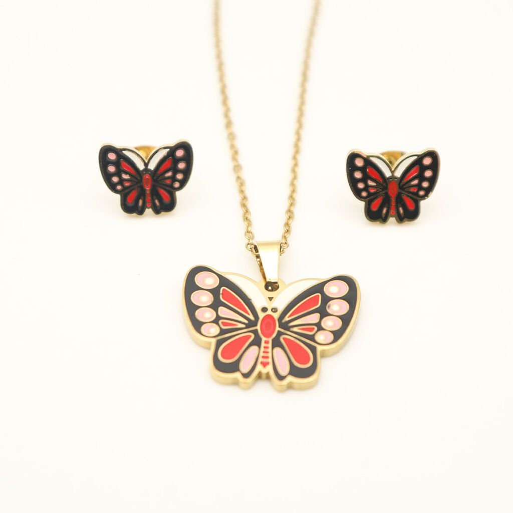 Fashion Stainless steel Jewelry Cartoon butterfly Necklace and Earrings for Kids and girls